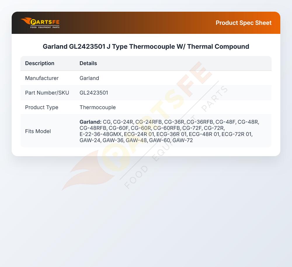 Garland GL2423501 J Type Thermocouple W/ Thermal Compound
