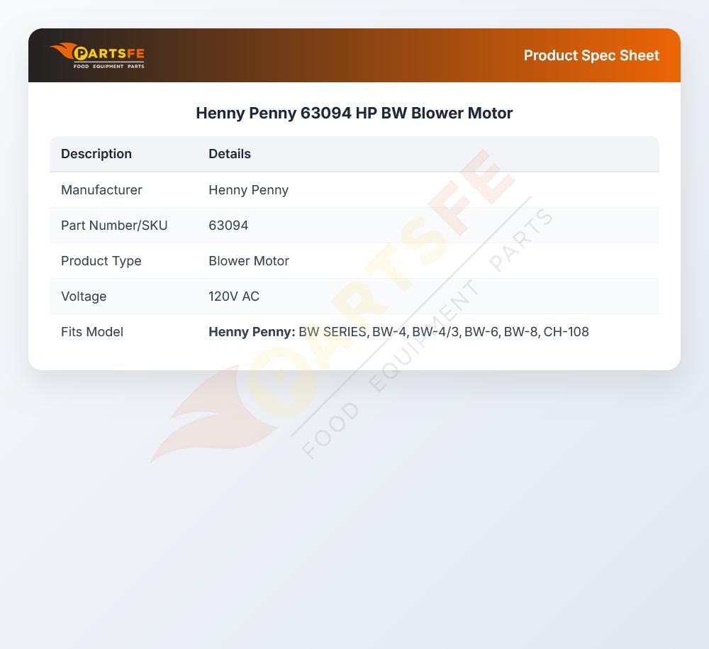 Henny Penny 63094 HP BW Blower Motor
