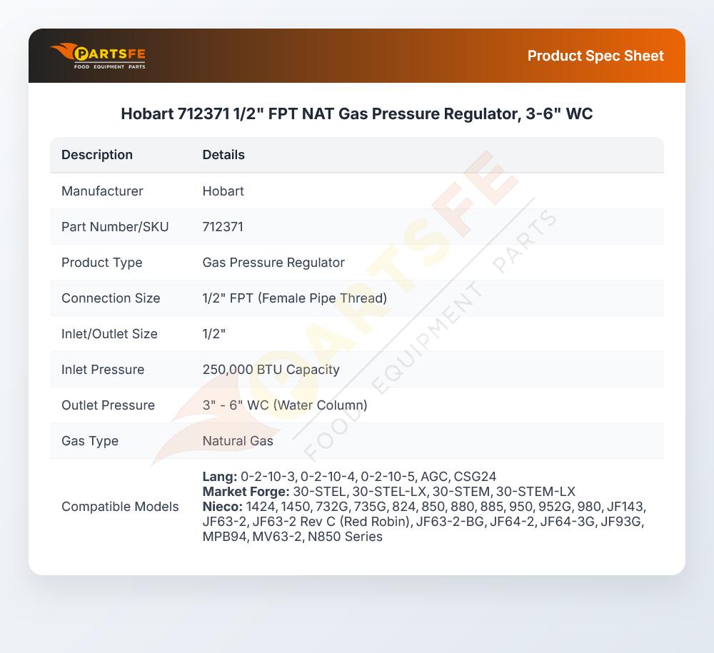 Hobart 712371 1/2" FPT NAT Gas Pressure Regulator, 3-6" WC