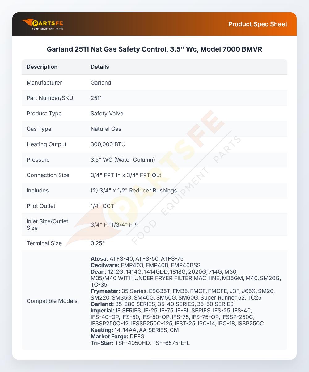Garland 2511 Natural Gas Safety Control 3.5" WC Model 7000 BMVR
