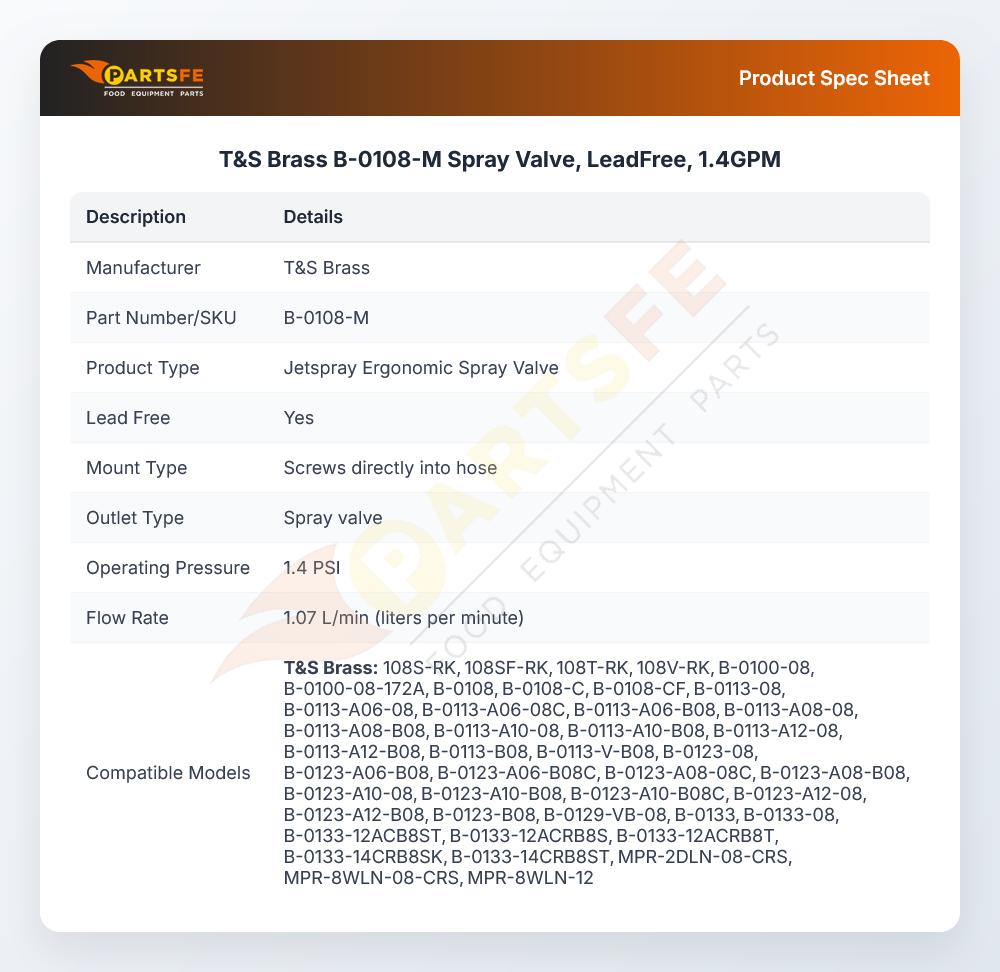T&S Brass B-0108-M Pre-Rinse Spray Valve Lead-Free 1.4 GPM