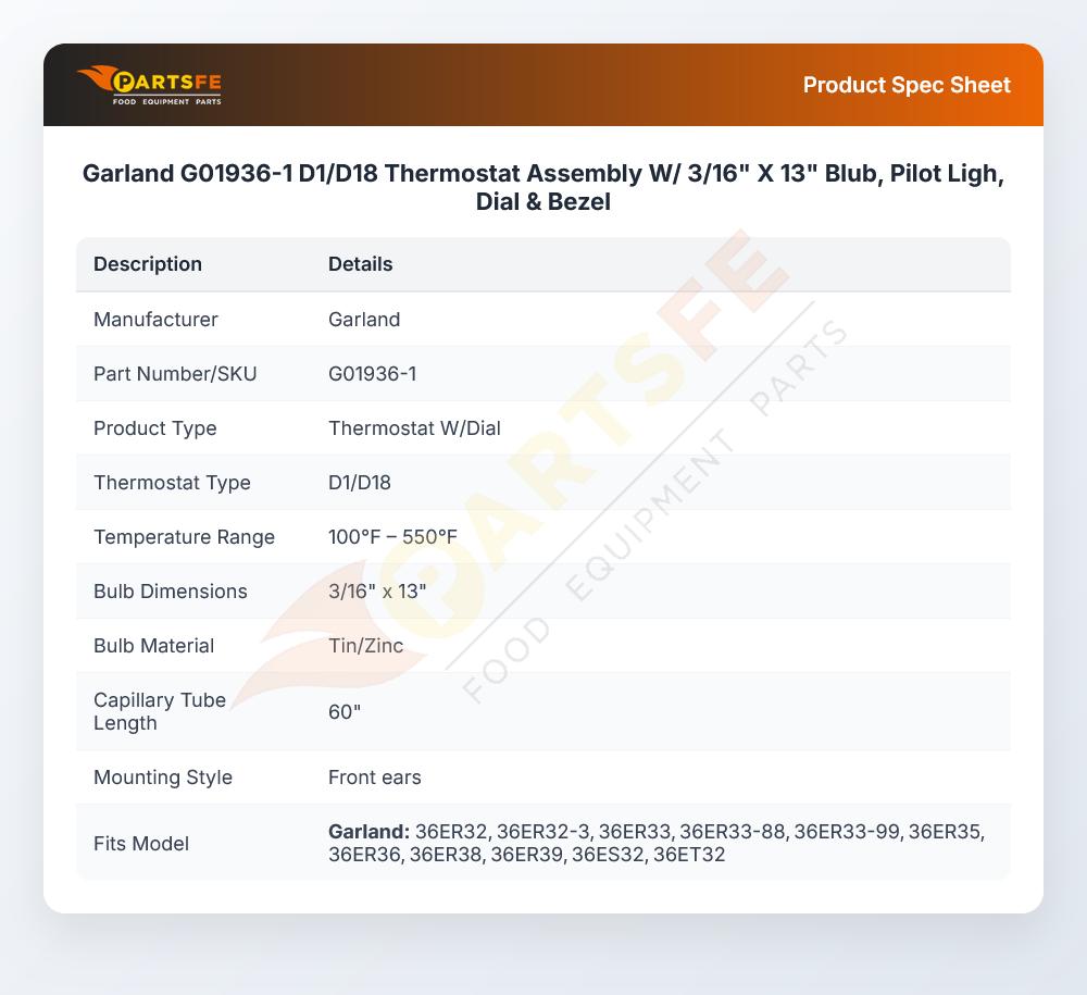 Garland G01936-1 Thermostat W/Dial 3/16" X 13" D1/D18