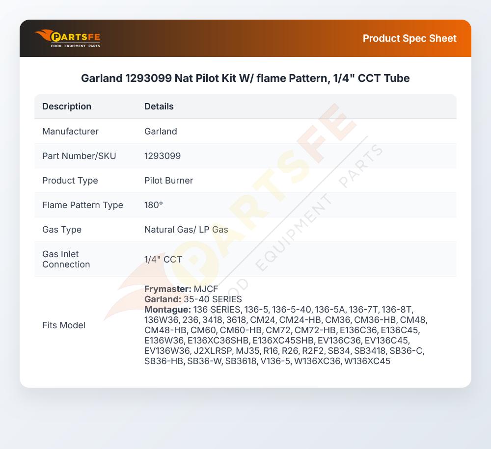 Garland 1293099 Nat Pilot Kit W/ flame Pattern, 1/4" CCT Tube