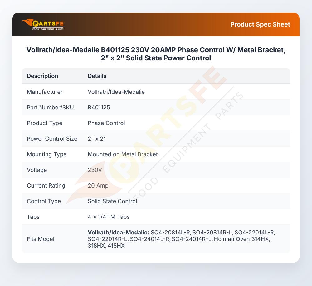 Vollrath/Idea-Medalie B401125 Phase Control Solid State 20A 230V