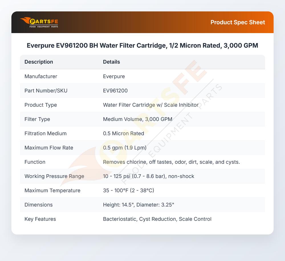 Everpure EV961200 BH Water Filter Cartridge 1/2 Micron 3000 GPM