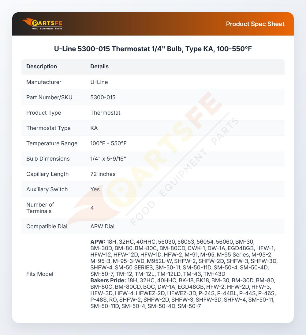 U-Line 5300-015 Thermostat 1/4" 100&deg;F-550&deg;F KA