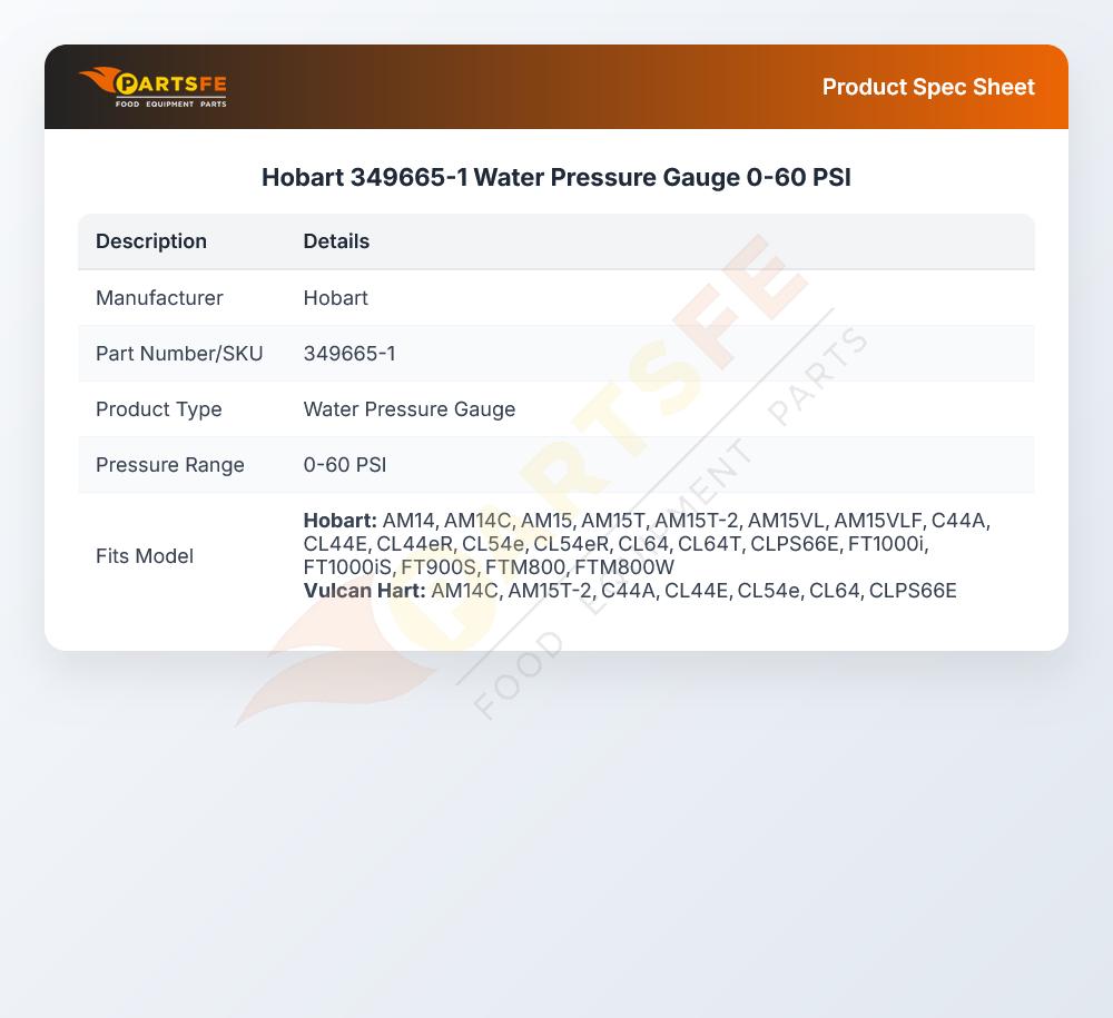 Hobart 349665-1 Dishwasher Water Pressure Gauge 0-60 PSI