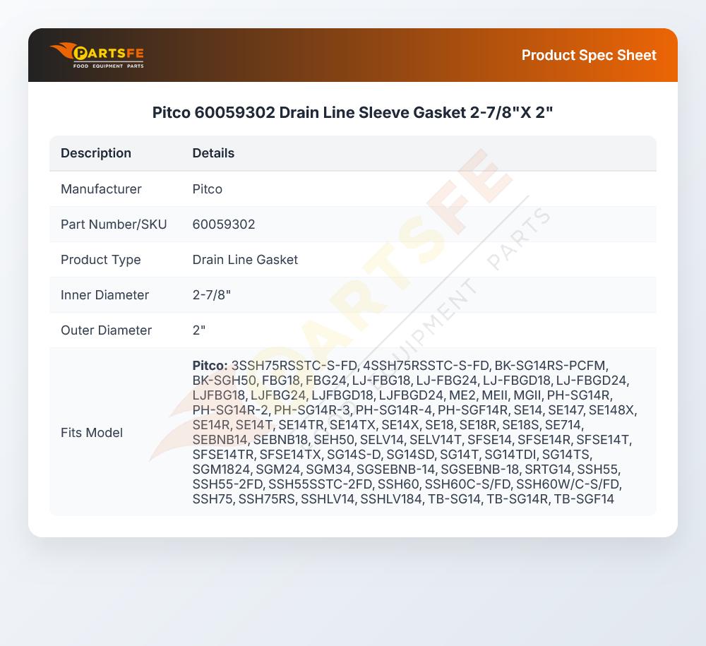 Pitco 60059302 Gas Fryer Drain Line Sleeve Gasket 2-7/8"X 2"