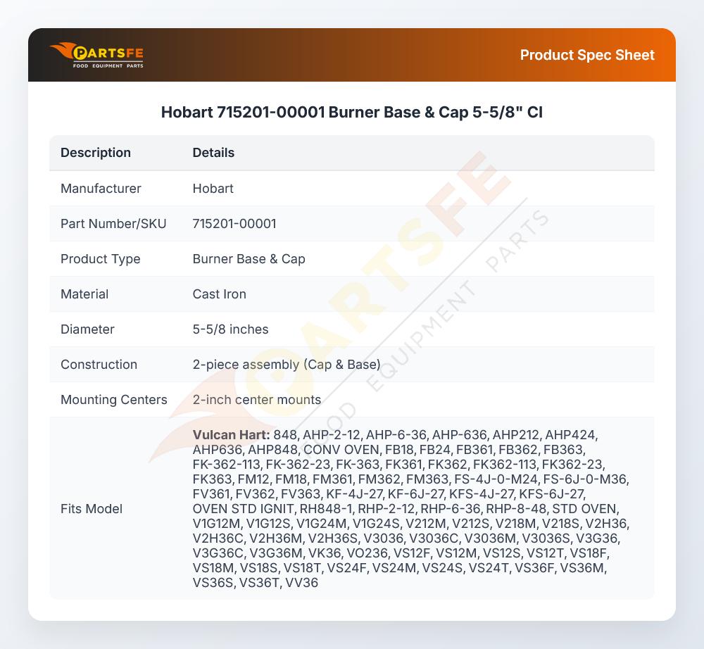 Hobart 715201-00001 Burner Base & Cap 5-5/8"  CI