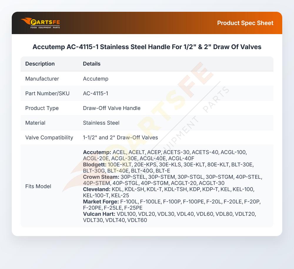 Accutemp AC-4115-1 Stainless Steel Handle For 1/2" & 2" Draw Of Valves