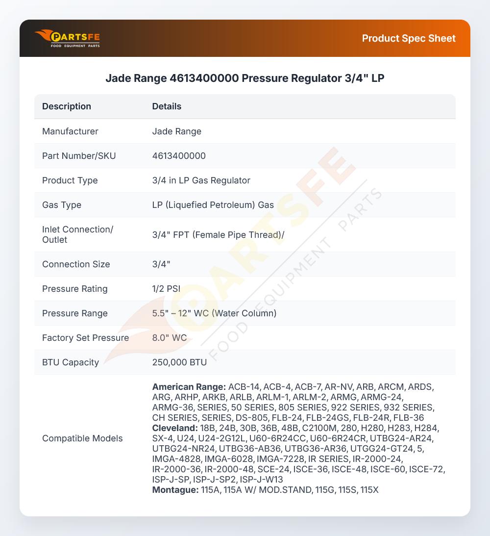 Jade Range 4613400000 Pressure Regulator 3/4" LP