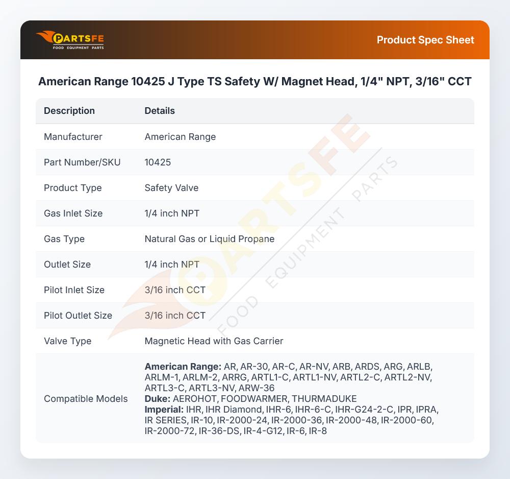 American Range 10425 Pilot Safety Valve W/Magnet Head 1/4" X 3/16" J-Type