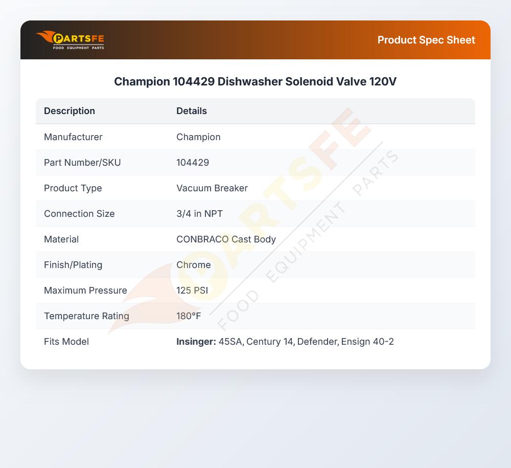 Champion 104429 Dishwasher Solenoid Valve 120V