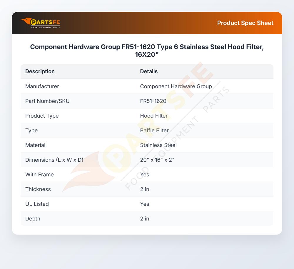 Component Hardware Group FR51-1620 Type 6 Stainless Steel Hood Filter, 16X20"
