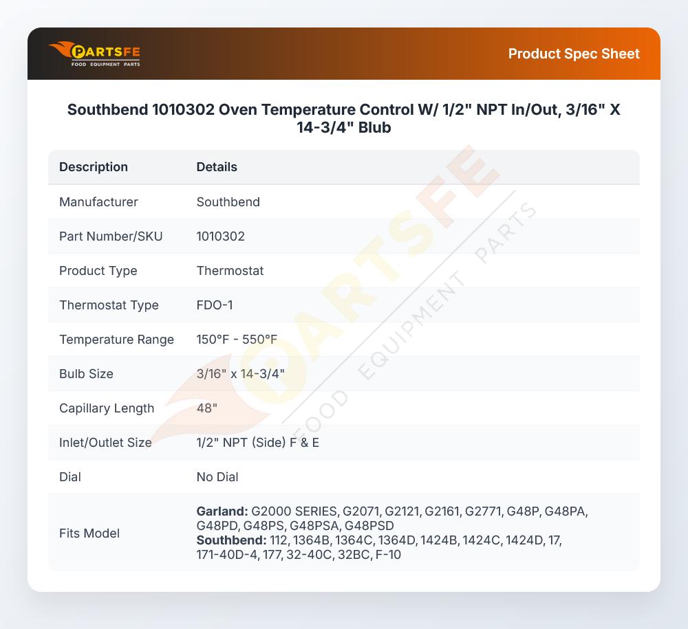 Southbend 1010302 Temperature Thermostat Control W/1/2" NPT In/Out 3/16" X 14-3/4"