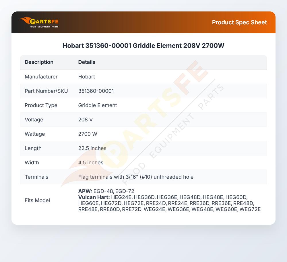Hobart 351360-00001 Griddle Element  208V 2700W