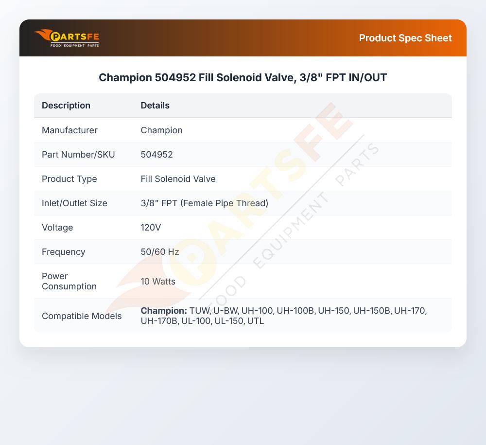Champion 504952 Dishwasher Fill Solenoid Valve 3/8" FPT IN OUT