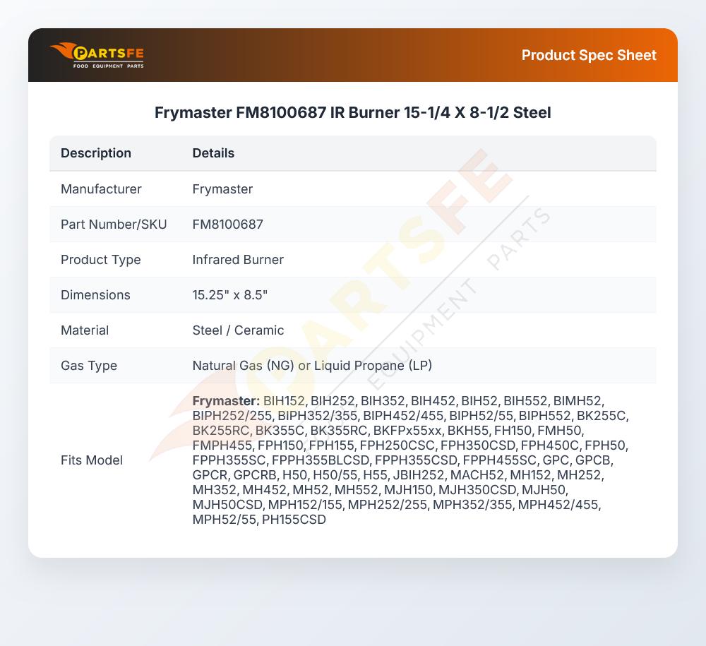 Frymaster FM8100687 Fryer IR Burner 15-1/4" X 8-1/2" Steel