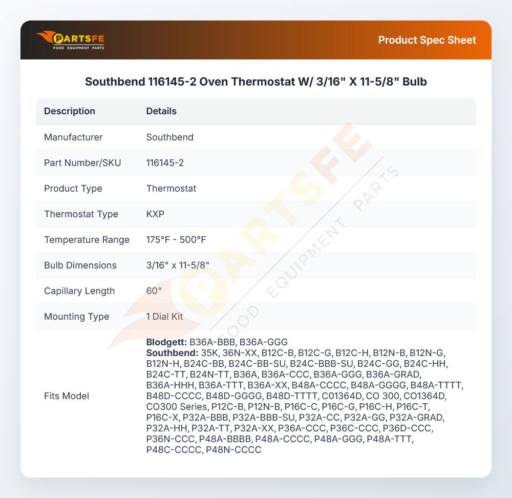Southbend 116145-2 Range Thermostat W/Dial 3/16" X 11-5/8" KXP