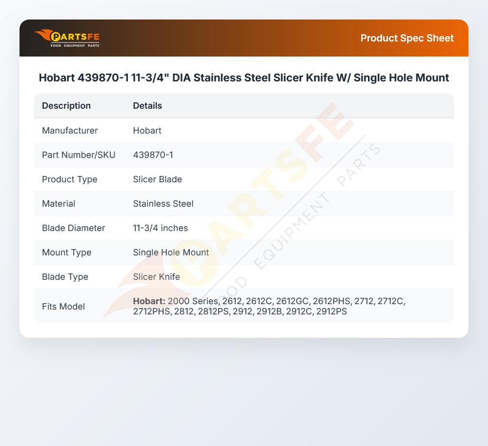 Hobart 439870-1 Knife W/ Single Hole Mount 11-3/4" DIA SS