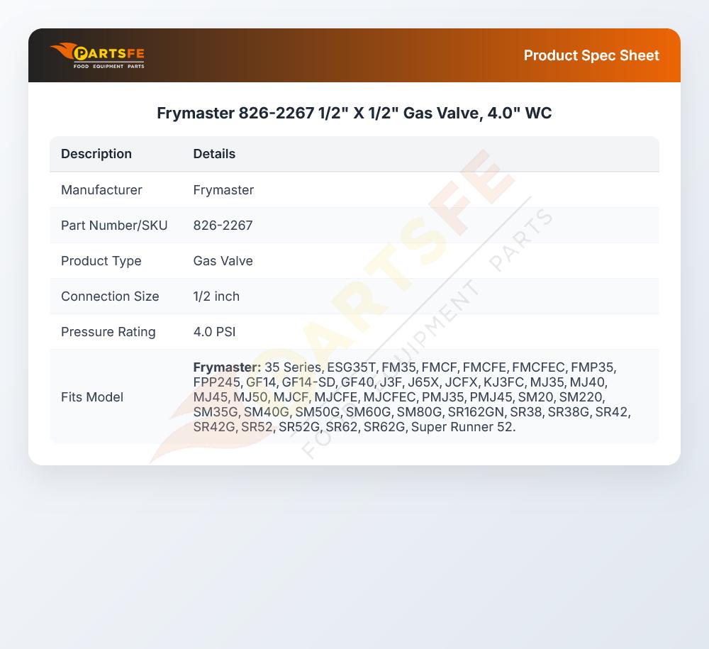 Frymaster 826-2267 Fryer Gas Valve 1/2" X 1/2" 4.0" WC