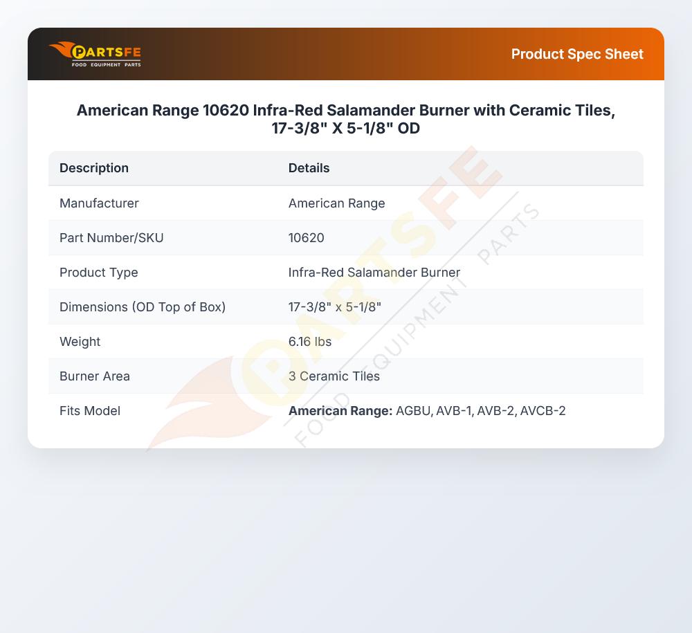 American Range 10620 I/R Salamander Burner 17-3/8" X 5-1/8" OD