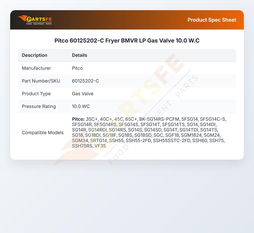 Pitco 60125202-C Fryer BMVR LP Gas Valve 10.0 W.C