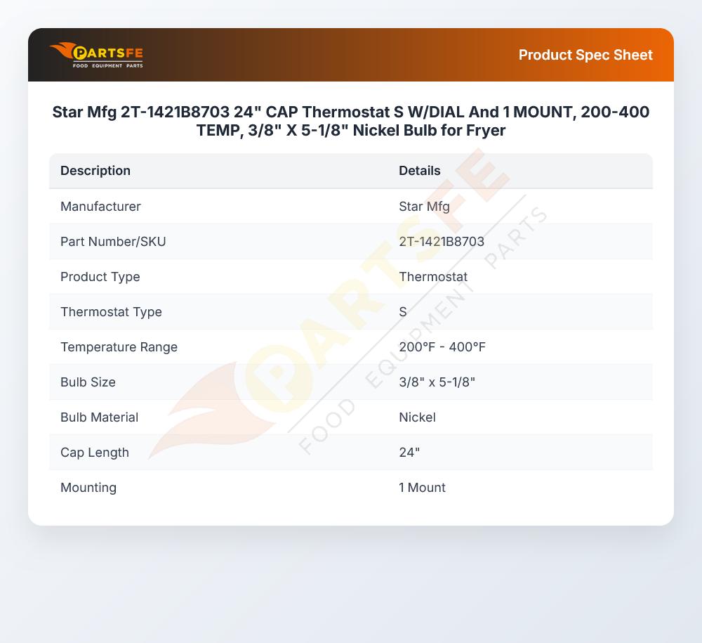 Star Mfg 2T-1421B8703 Thermostat 200&deg;F-400&deg;F 3/8" X 5-1/8" 24" CAP