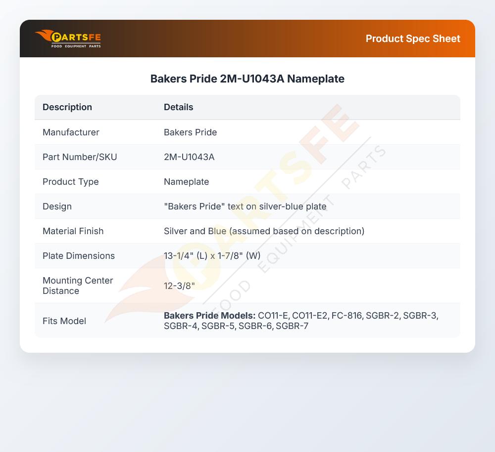 Bakers Pride 2M-U1043A Nameplate