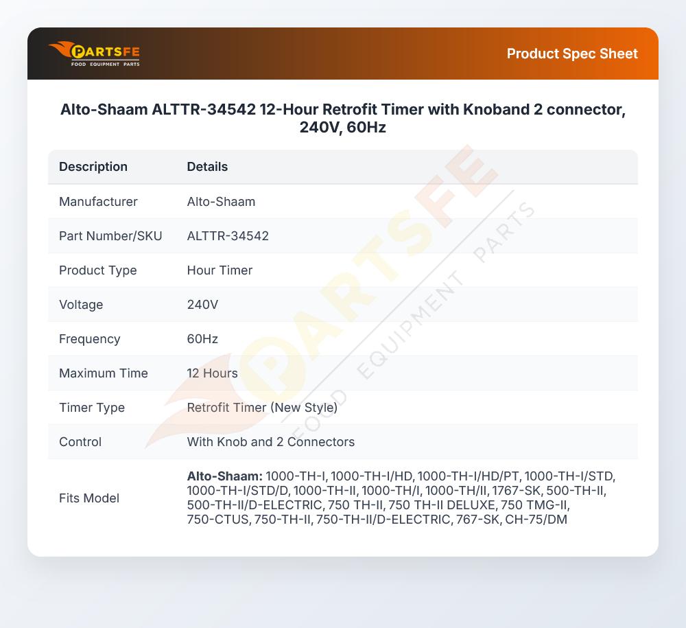 Alto-Shaam ALTTR-34542 Oven Retrofit Timer W/Knob And 2-Connector 12-Hour 240V 60Hz