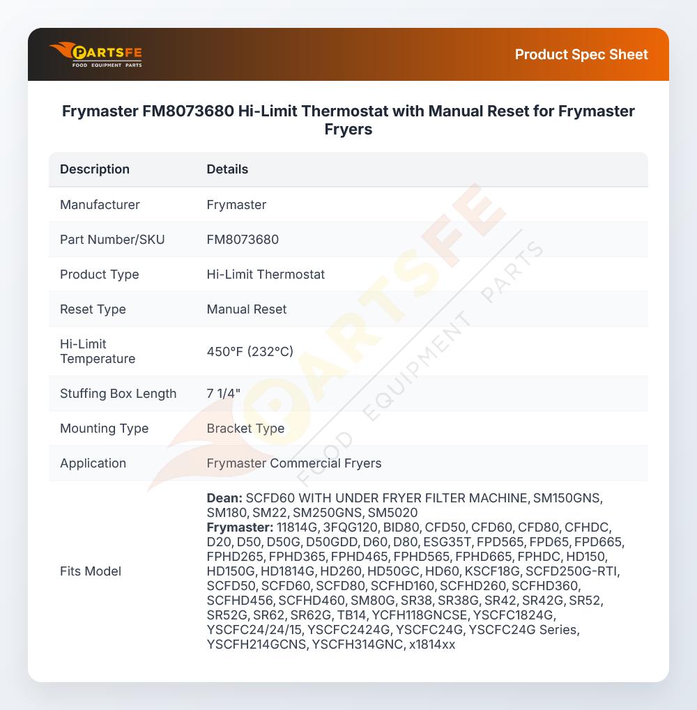 Frymaster FM8073680 Fryer High Limit Thermostat Manual Reset 450&deg;F