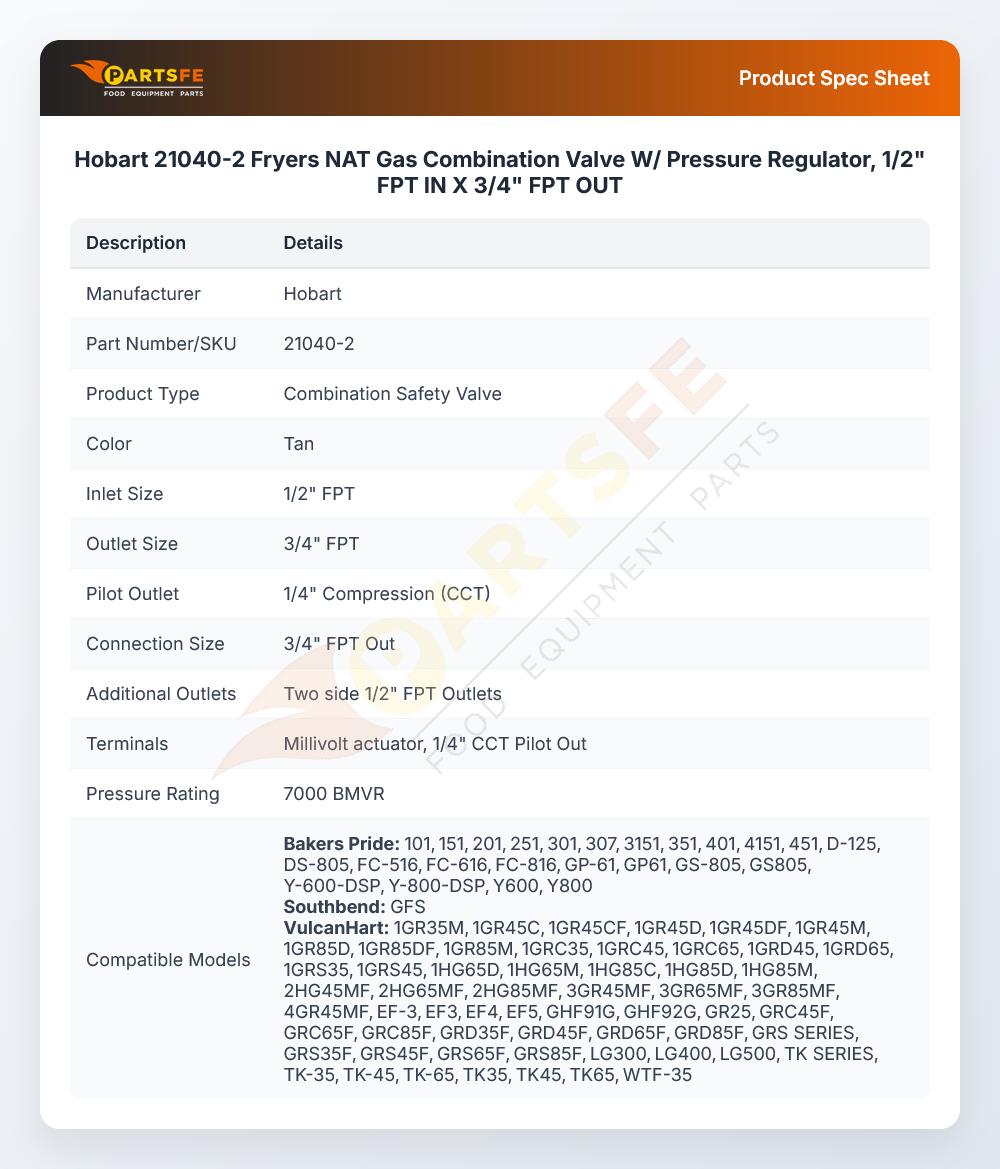 Hobart 21040-2 Gas Control Valve