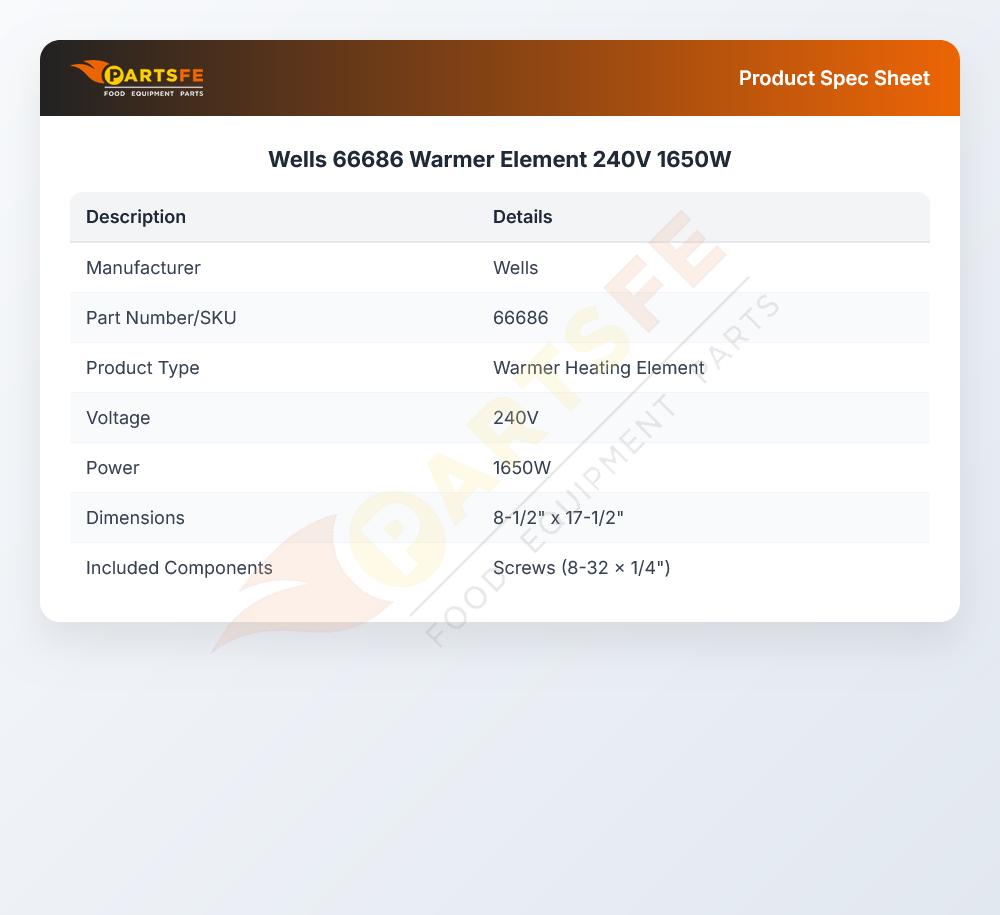 Wells 66686 Warmer Element 240V 1650W