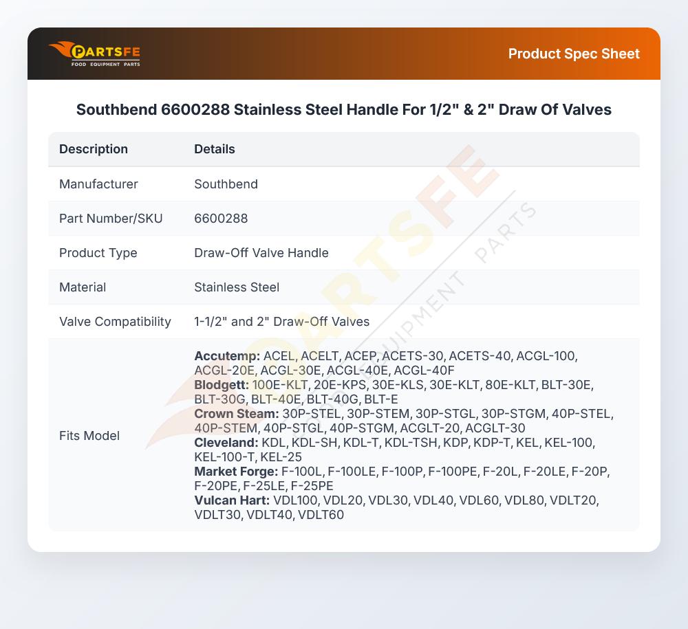 Southbend 6600288 Stainless Steel Handle For 1/2" & 2" Draw Of Valves