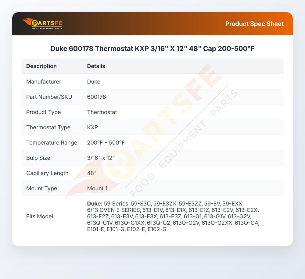 Duke 600178 Thermostat KXP  3/16" X 12" 48" Cap 200-500&deg;F