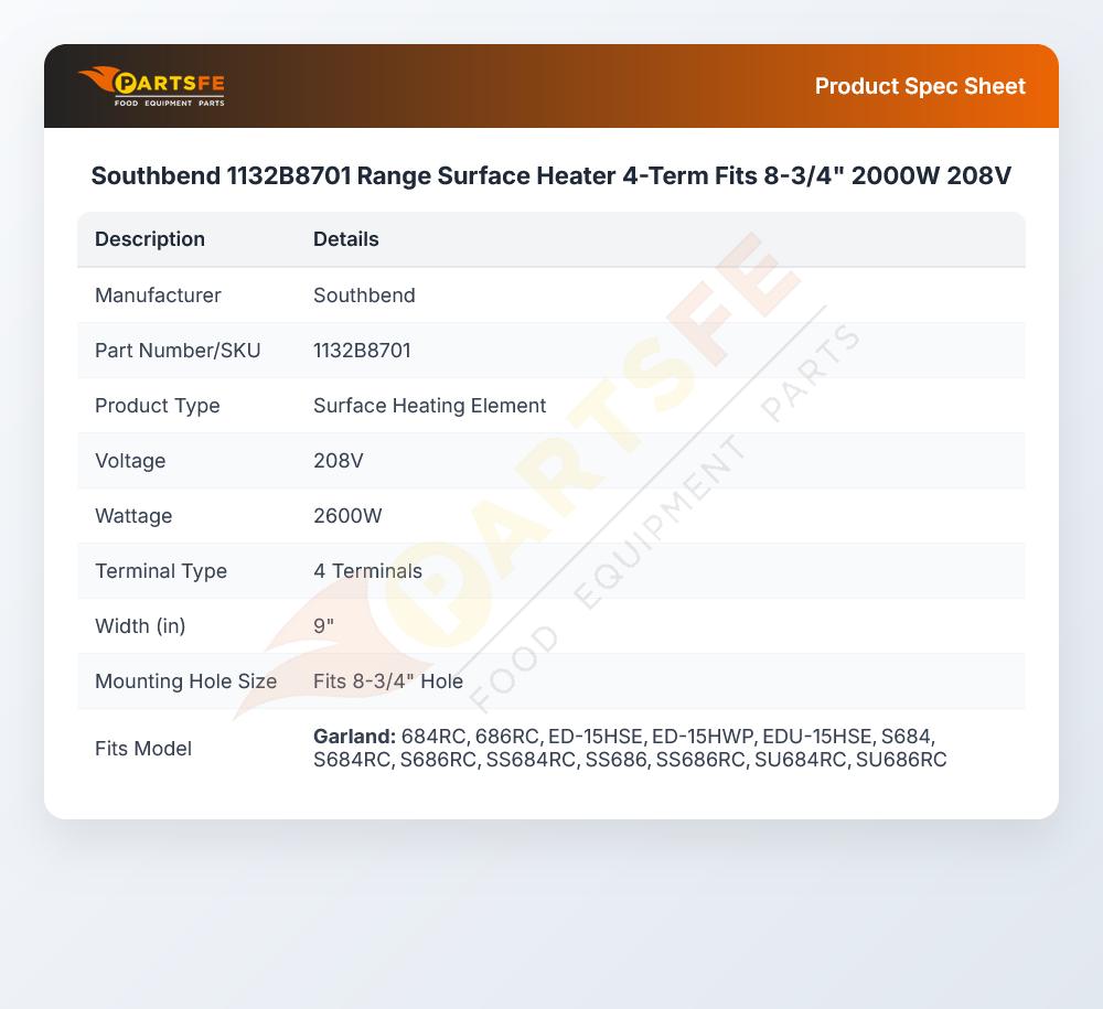 Southbend 1132B8701 Range Surface Heater 4-Term Fits 8-3/4" 2000W 208V
