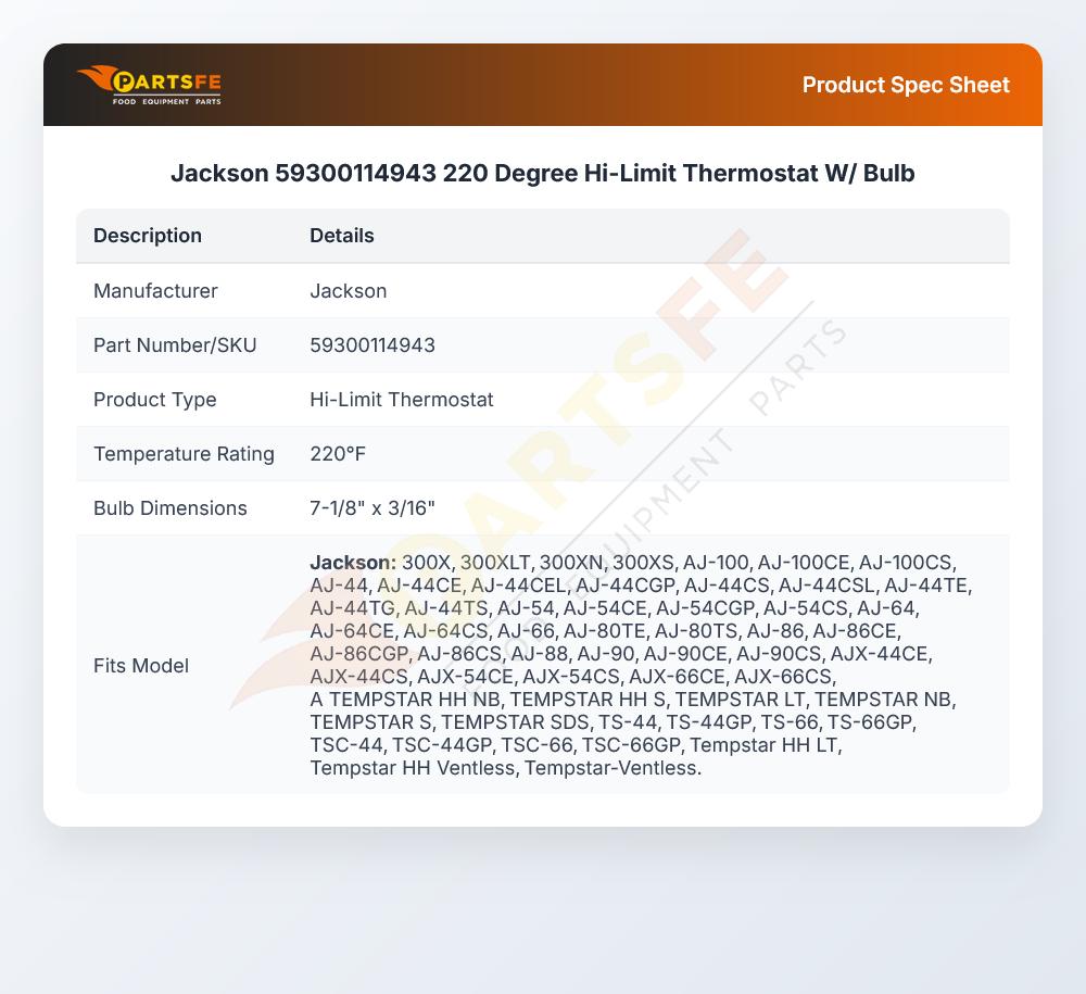 Jackson 59300114943 Dishmachine Hi-Limit Thermostat W/Bulb 220&deg;F