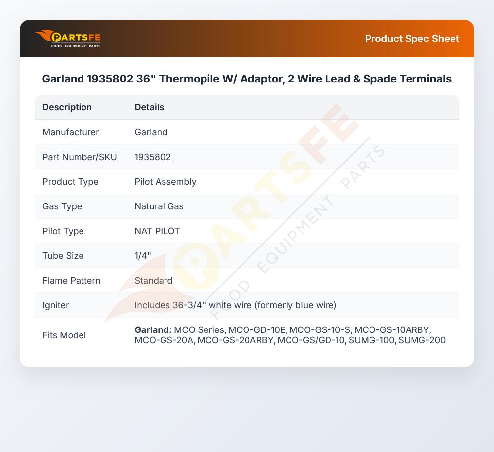 Garland 1935802 Thermopile W/Adaptor 2 Wire Lead & Spade Terminals 36"