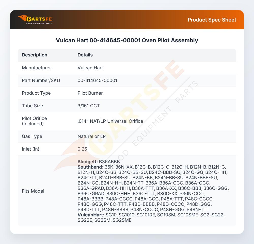 Vulcan Hart 00-414645-00001 Oven Pilot Assembly