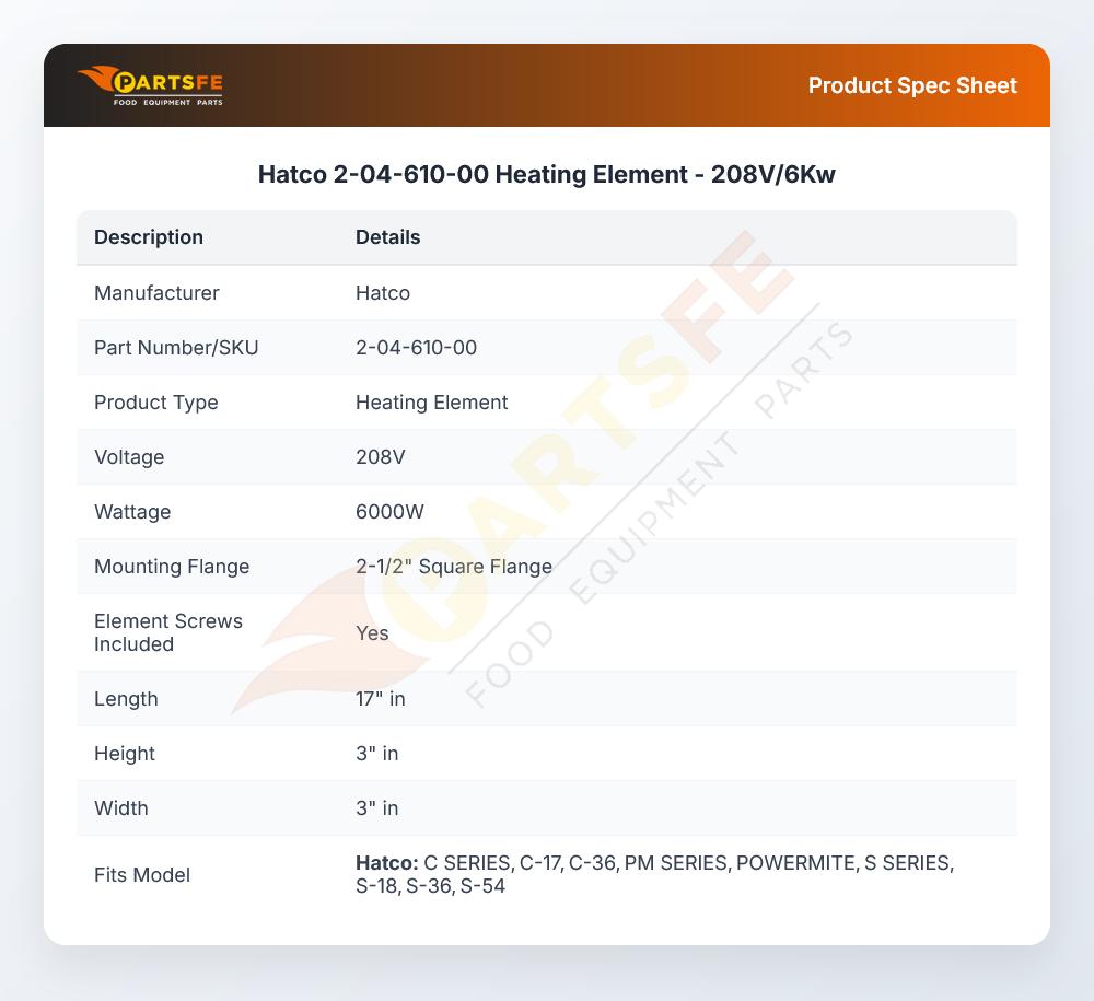Hatco 2-04-610-00 Heating Element  - 208V/6Kw