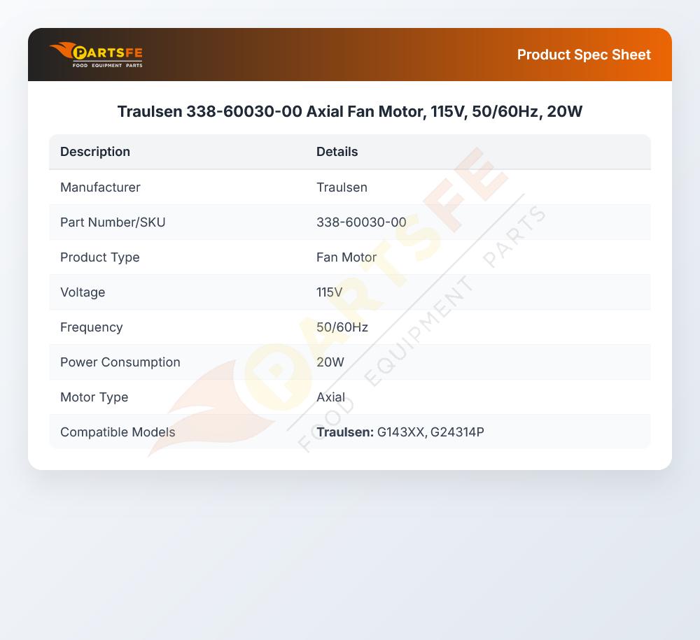 Traulsen 338-60030-00 Hot Cabinet Axial Fan Motor 20W 115V 50/60Hz