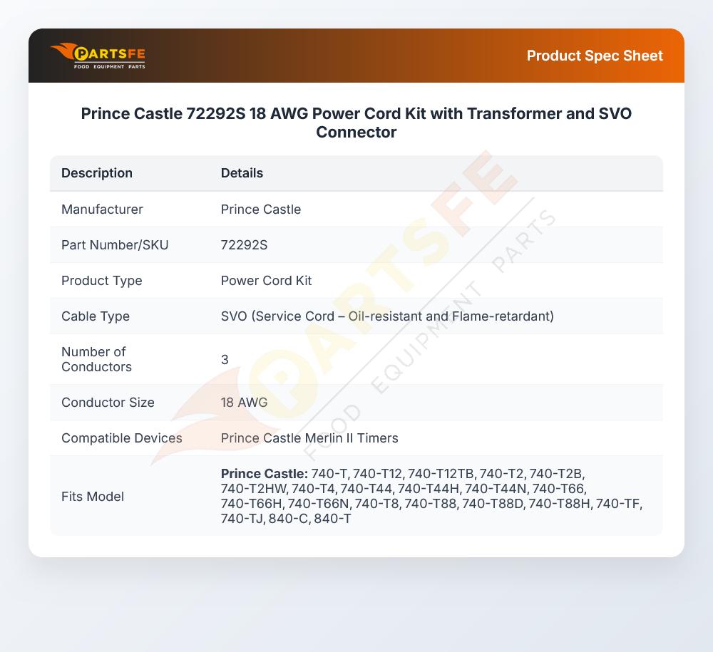Prince Castle 72292S Power Cord Kit