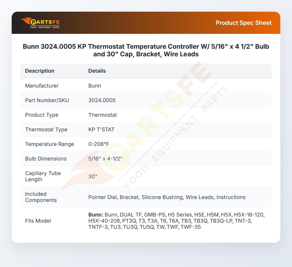 Bunn 3024.0005 KP Thermostat Temperature Controller W/ 5/16" x 4 1/2" Bulb and 30" Cap, Bracket, Wire Leads