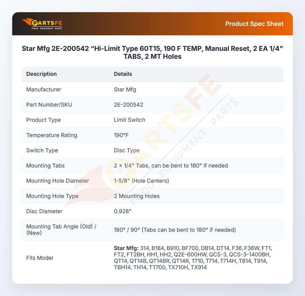 Star Mfg 2E-200542 High-Limit Switch 190&deg;F TEMP Manual Reset