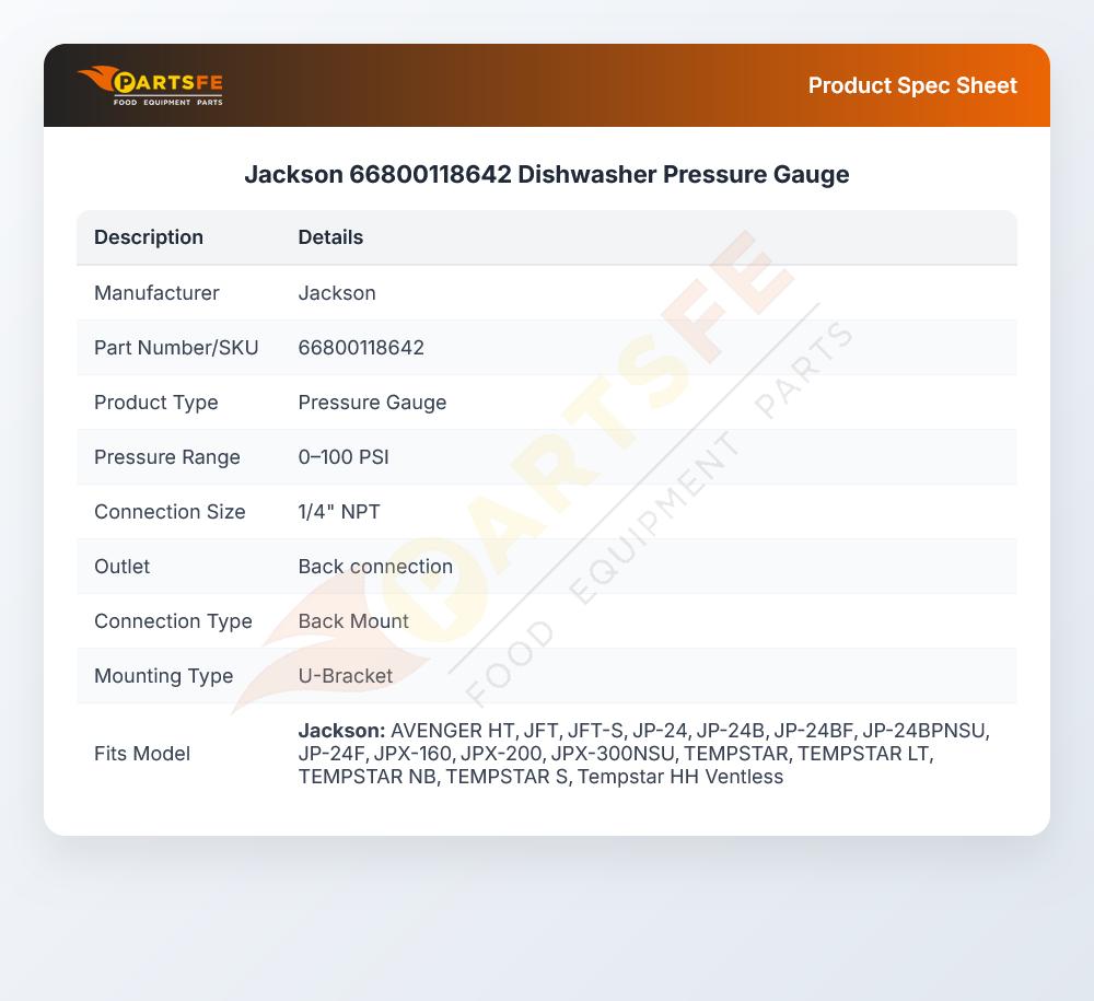 Jackson 66800118642 Dishwasher Pressure Gauge