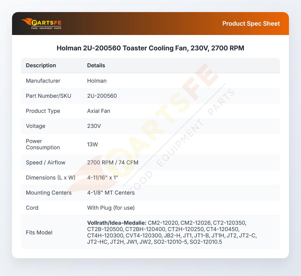 Holman 2U-200560 Toaster Cooling Fan, 230V, 2700 RPM