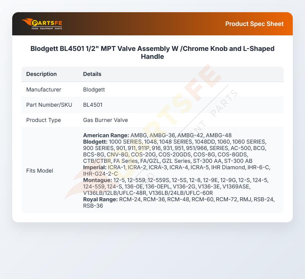 Blodgett BL4501 1/2" MPT Valve Assembly W /Chrome Knob and L-Shaped Handle