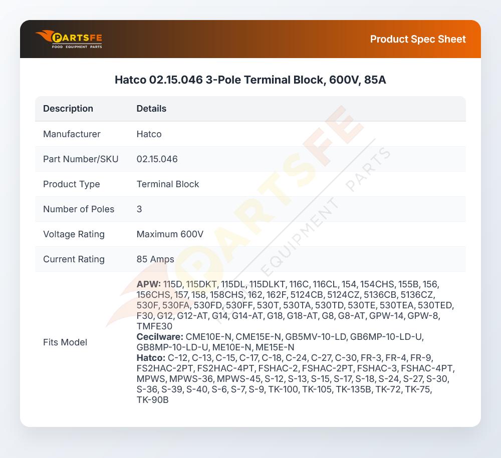 Hatco 02.15.046 3-Pole Terminal Block, 600V, 85A