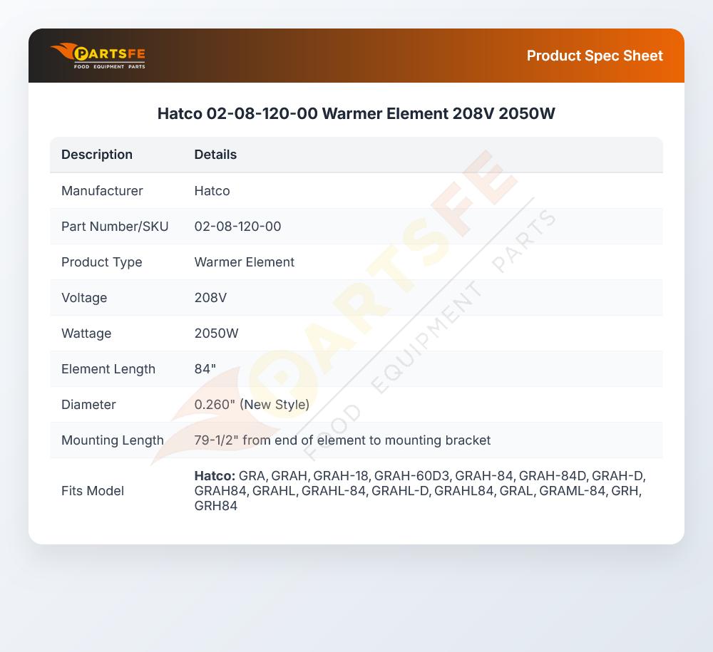 Hatco 02-08-120-00 Warmer Element 208V 2050W