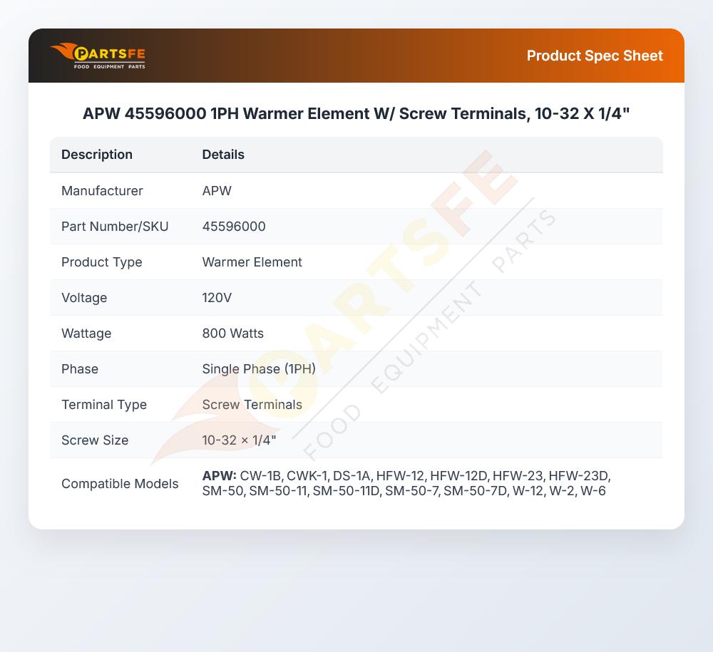 APW 45596000 1PH Warmer Element W/ Screw Terminals, 10-32 X 1/4"